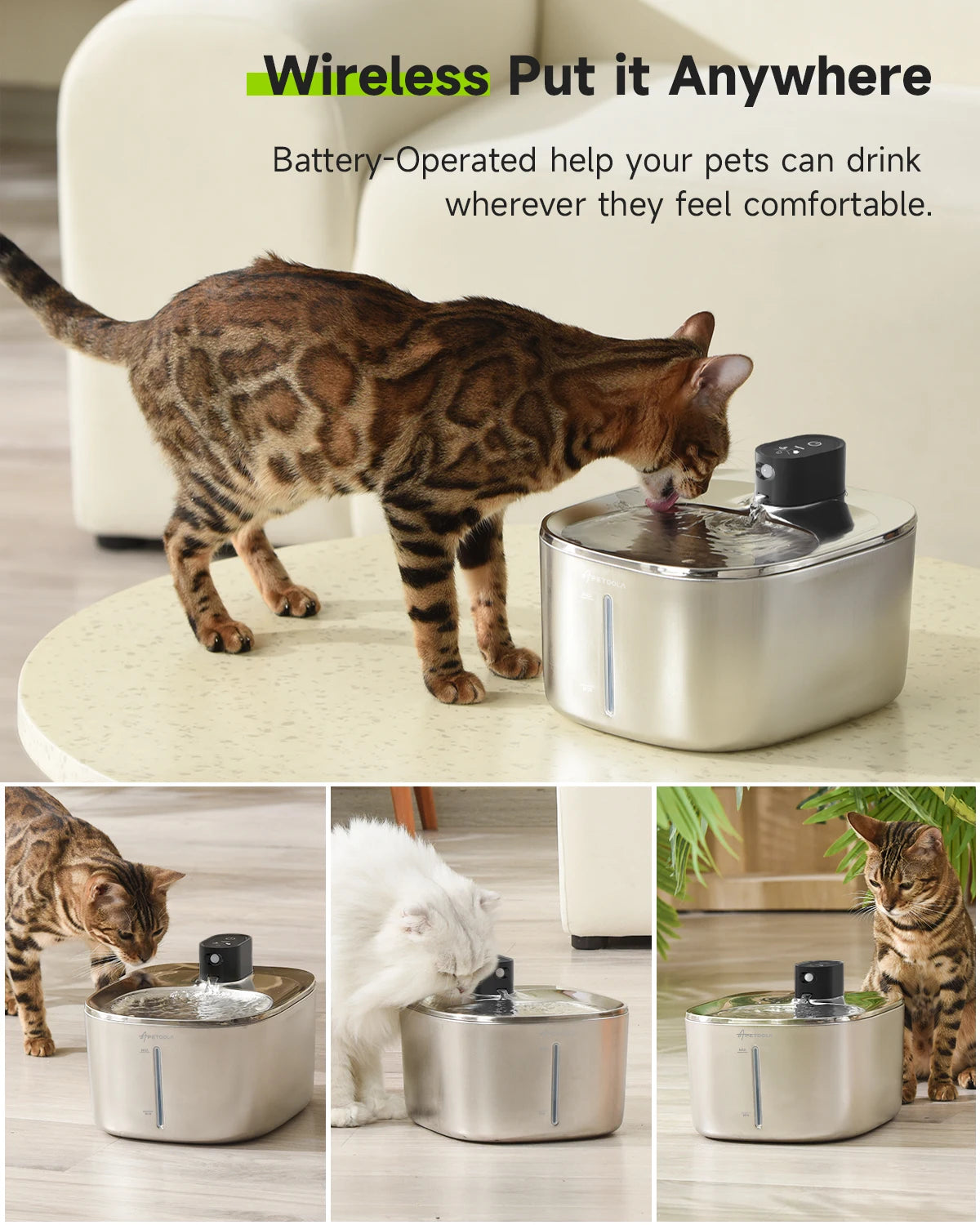 Wireless Cat Water Fountain Stainless Steel 135Floz/4L Battery Operated Automatic Cordless Cat Water Dispenser Pet Fountain