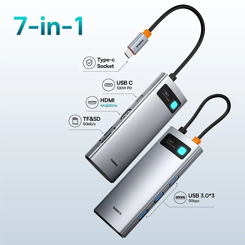 7-In-1 Gen 2 USB C HUB 4K@60Hz HDMI 3* USB 3.0 PD 100W Type C Port SD/TF Card Reader for Macbook Ipad M2 M1 Steam Deck